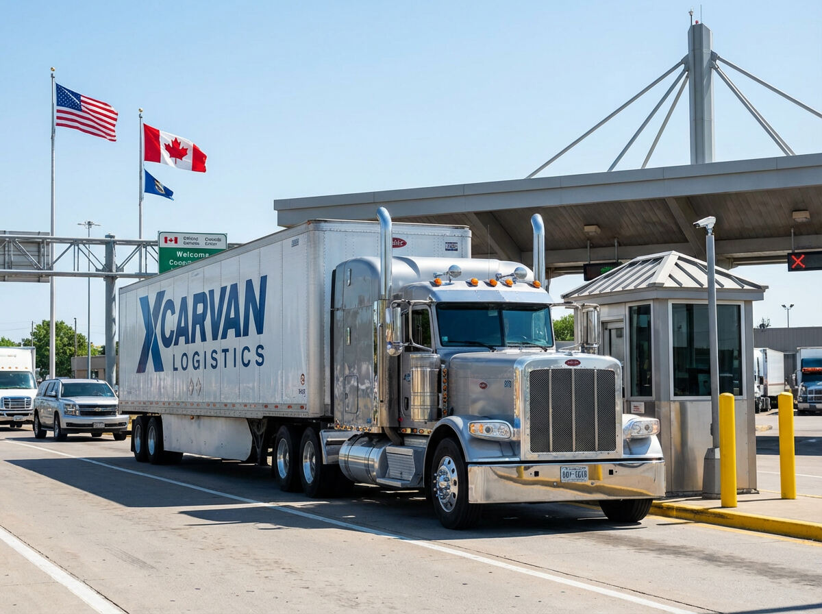 Cross-border freight truck at USA-Canada border crossing