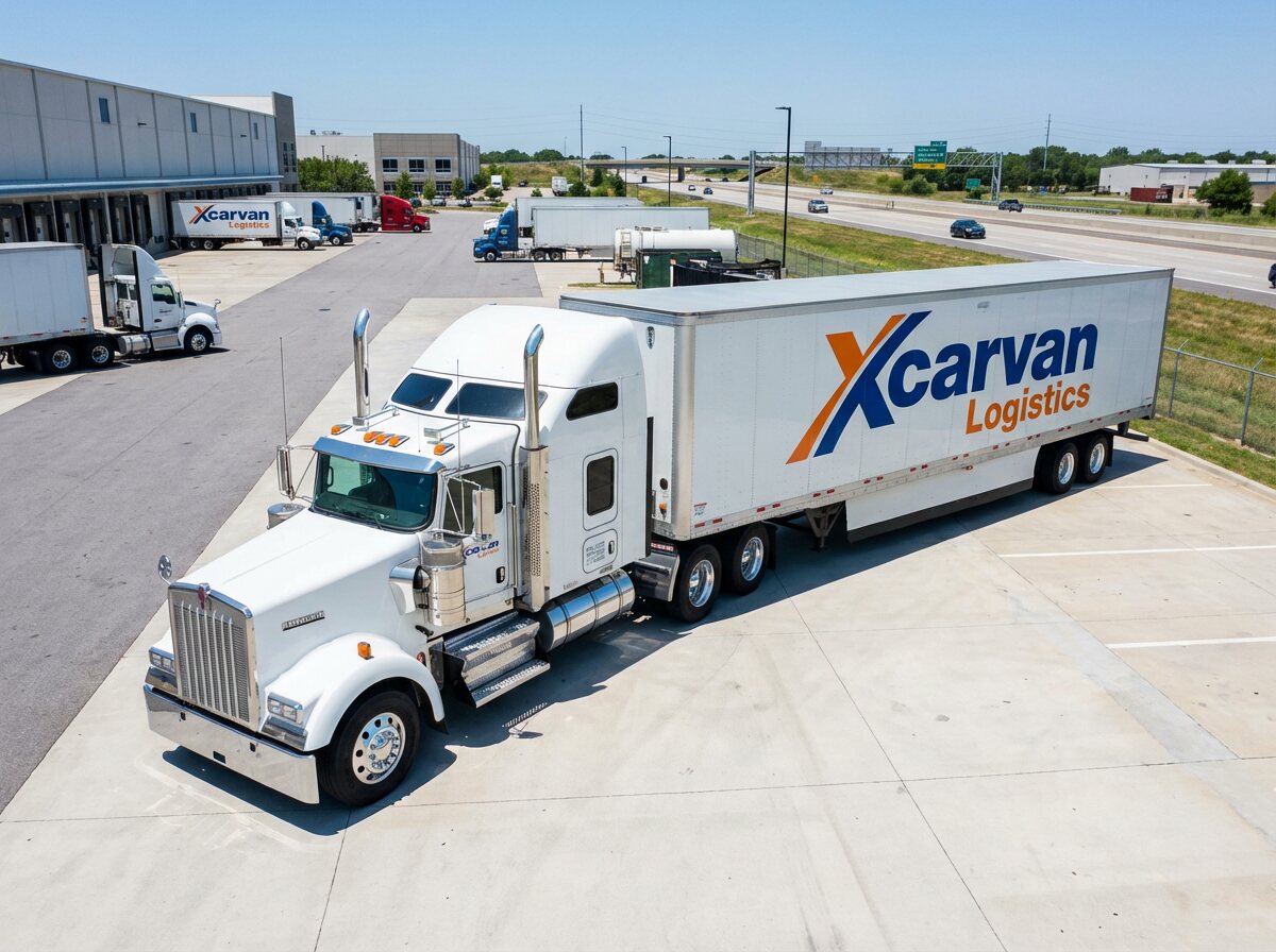 Modern dry van semi-truck transporting general freight