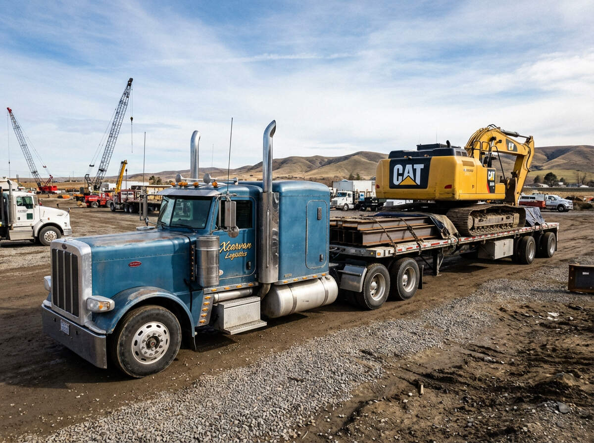 Flatbed truck hauling construction materials and heavy equipment