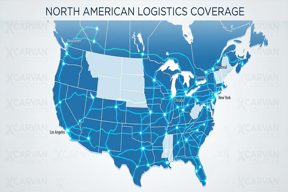 Xcarvan Logistics nationwide coverage map showing service areas across USA and Canada